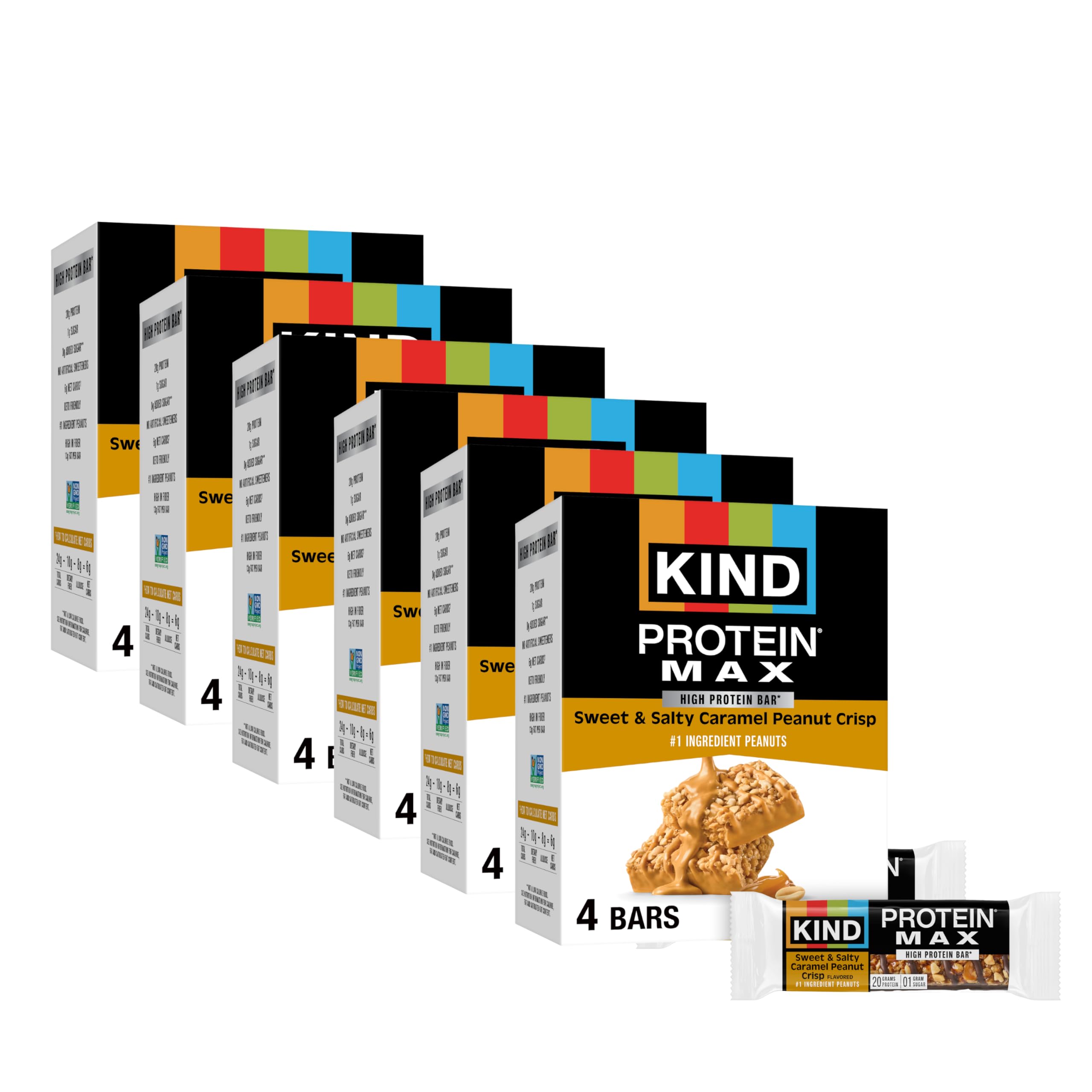 KIND Protein MAX sweet & salty caramel bar close-up showing 20g protein