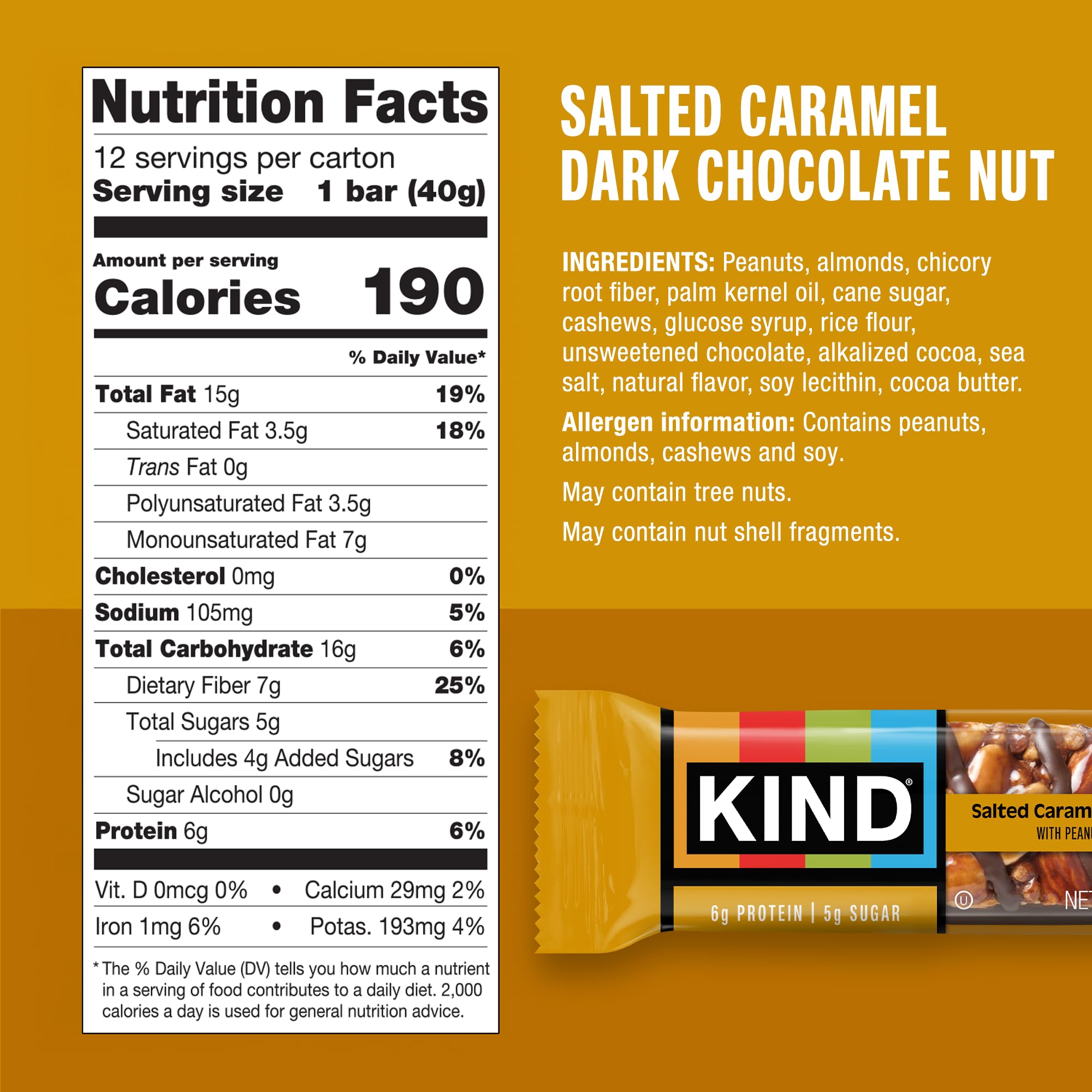 Close-up of KIND bar showing nuts, chocolate, and caramel for crunch.