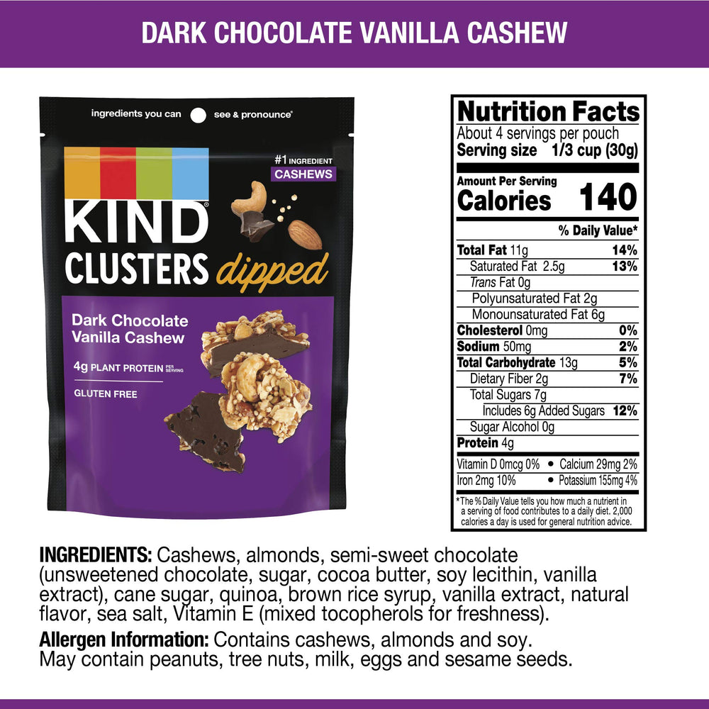 KIND dark chocolate vanilla cashew clusters close-up showing visible nuts and glossy coating.