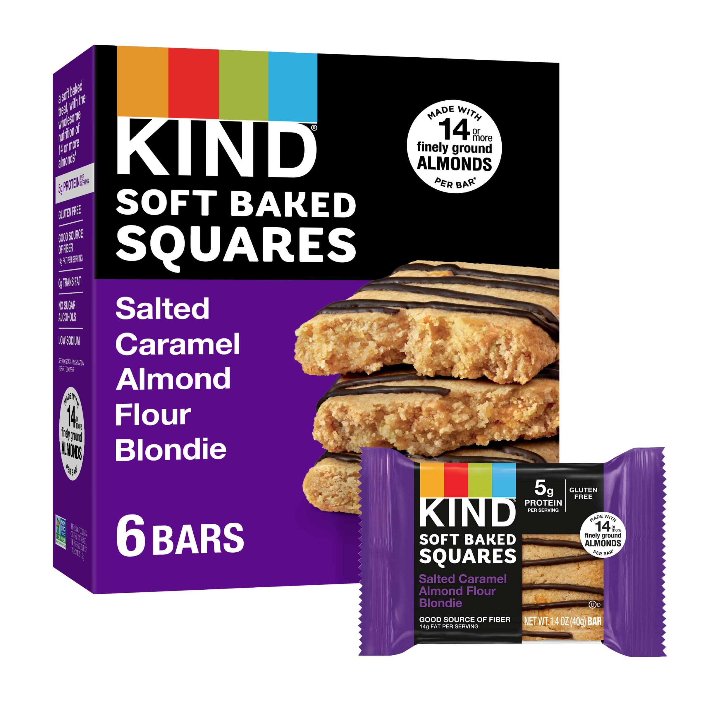 KIND Soft Baked Squares Salted Caramel Blondie box, gluten-free snack option