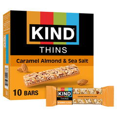KIND THINS Caramel Almond & Sea Salt bar closeup highlighting almonds for a on-the-go gluten-free snack.