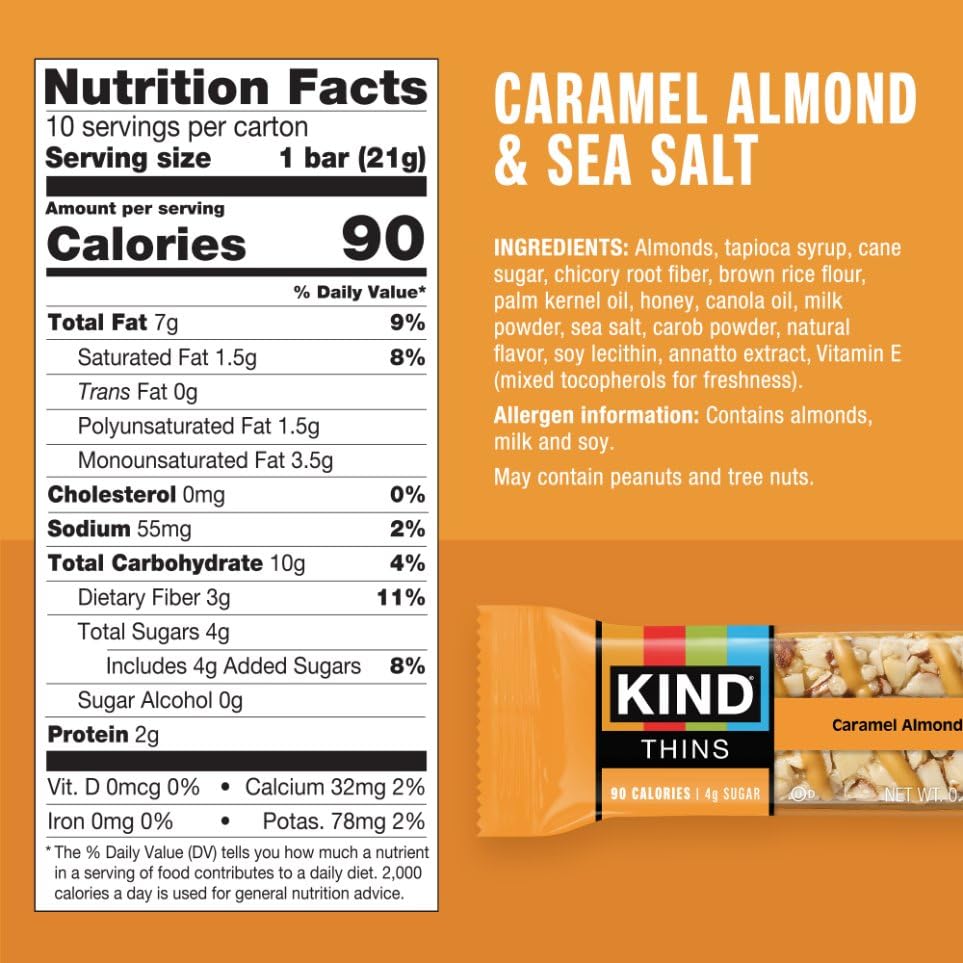 KIND THINS bar slice reveals chocolatey drizzle and nutty texture for a satisfying treat.