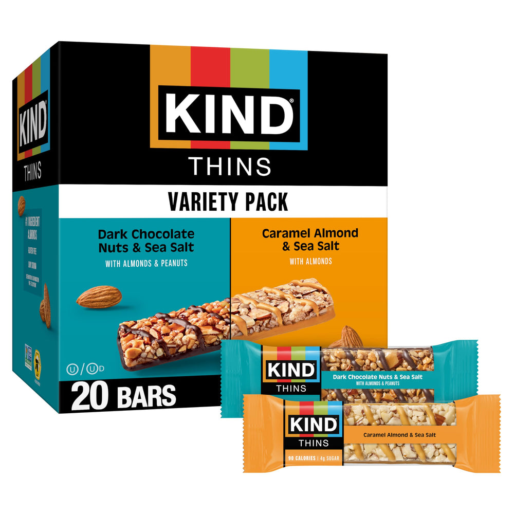KIND THINS caramel almond sea salt bars, convenient on-the-go snack with 90 calories.