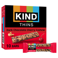 KIND THINS Dark Chocolate Cherry Cashew Bar pack shot highlights a gluten-free, on-the-go snack.