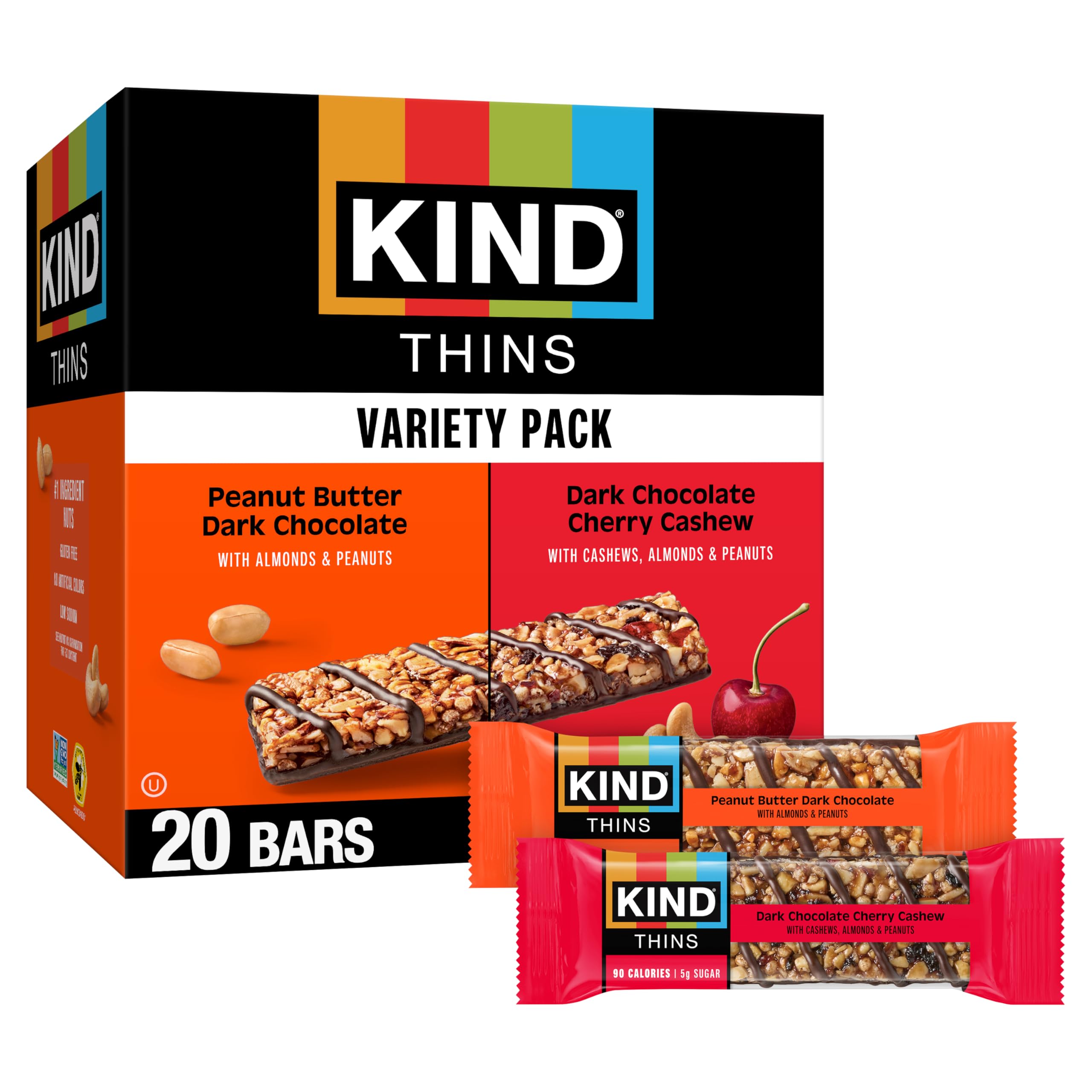 KIND Thins Dark Chocolate Cherry Cashew close-up, glossy drizzle, on-the-go snacking.