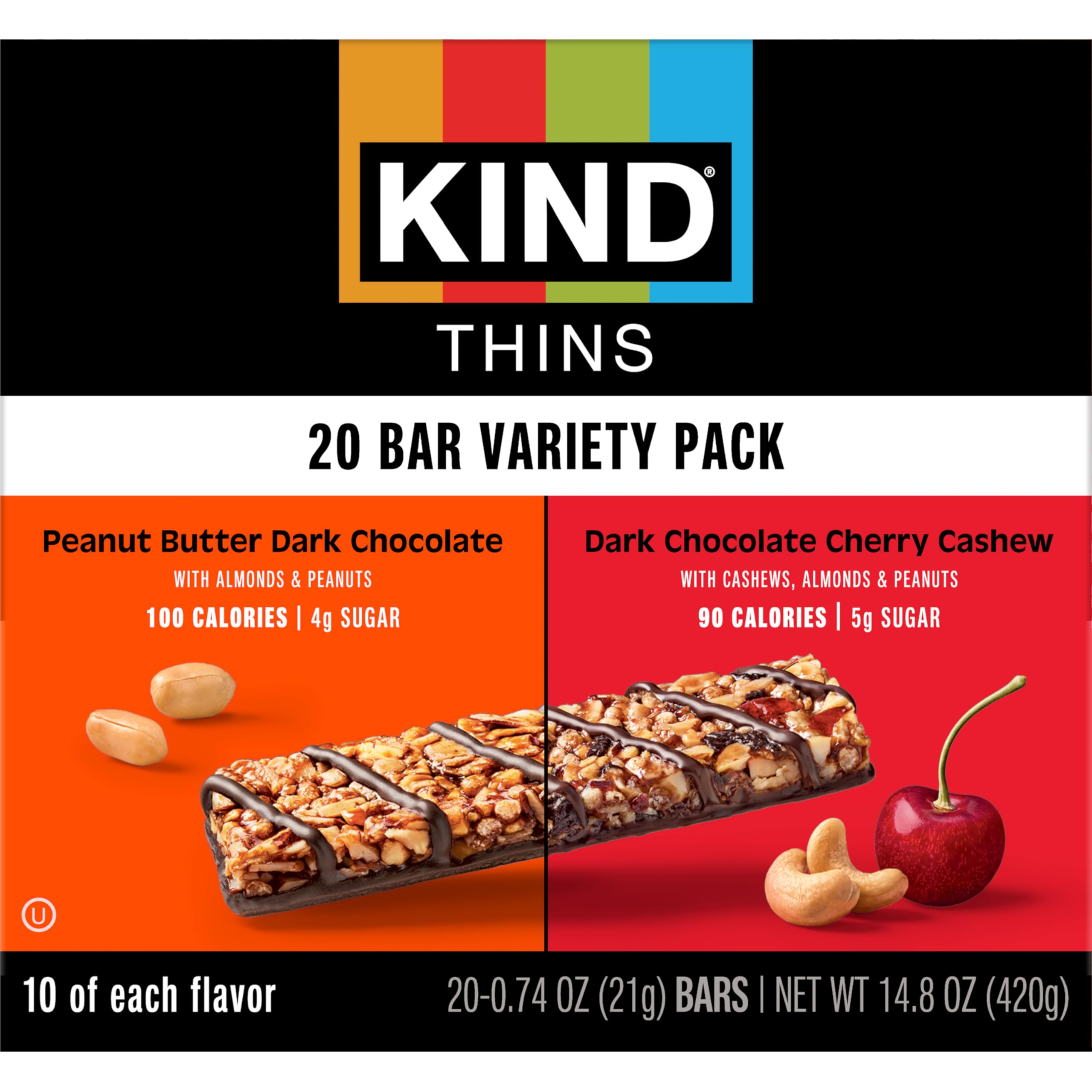 KIND Thins ingredients label highlight almonds first, gluten-free, clean snacking appeal.