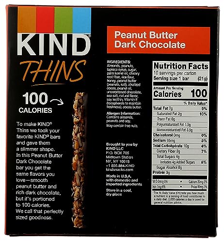 KIND THINS single bar close-up shows creamy peanut butter with dark chocolate for on-the-go snack.