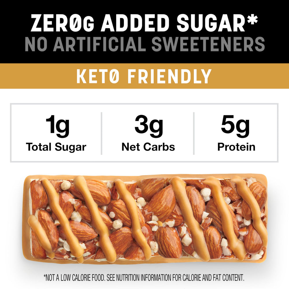 KIND ZERO caramel almond sea salt detail showing texture for satisfying bites.