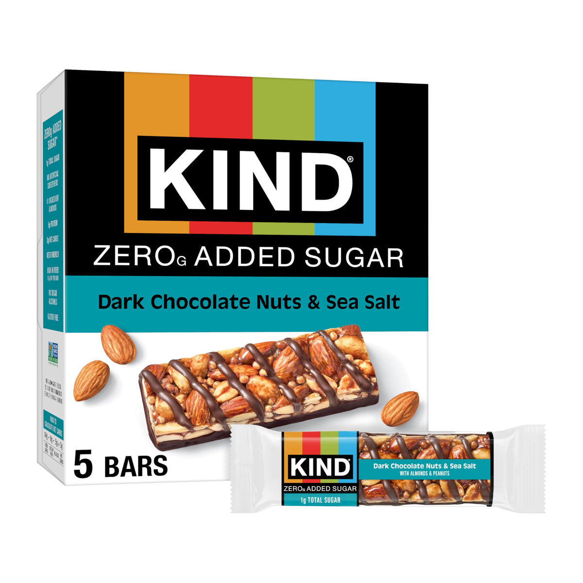 KIND ZERO added sugar bars box with dark chocolate, nuts, sea salt—gluten free keto snack
