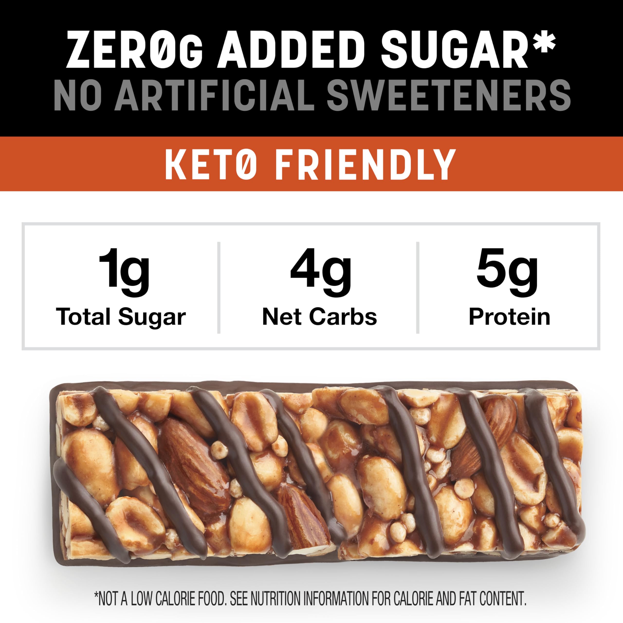 Close view of the bar wrap highlighting almonds, peanuts, and peanut butter core