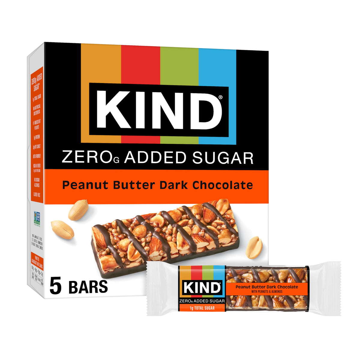 KIND ZERO Added Sugar Bars package front showing peanut butter dark chocolate flavor and keto friendly design