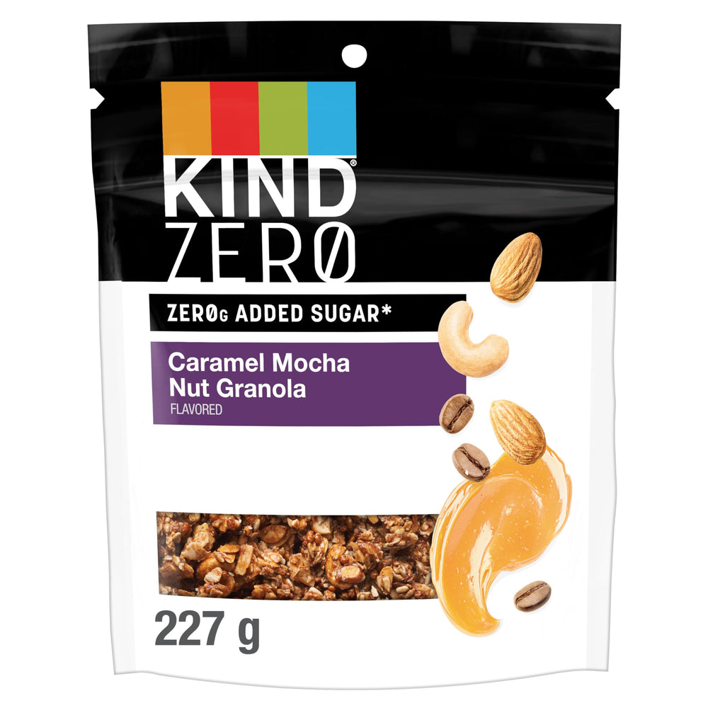 KIND Zero Added Sugar Caramel Mocha Granola bag, keto-friendly snack on the go.
