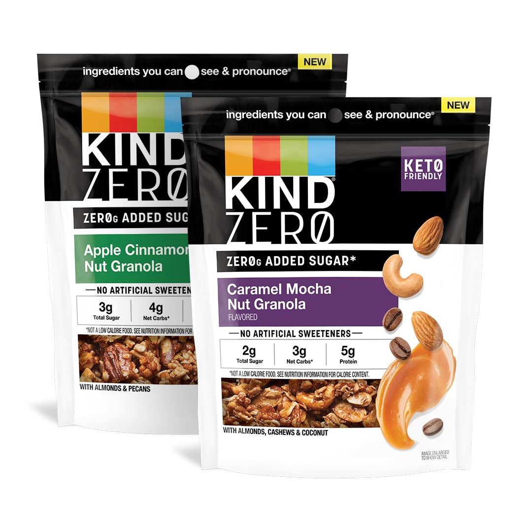 KIND ZERO Added Sugar Apple Cinnamon Nut Granola bag, ideal for yogurt topping.