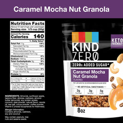 KIND ZERO Added Sugar Caramel Mocha Nut Granola bag for on-the-go snacking.