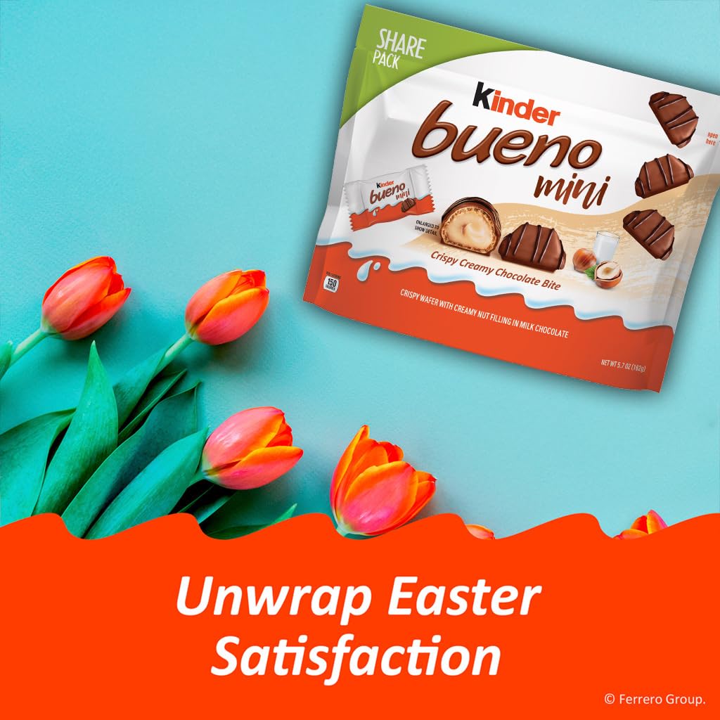 Kinder Bueno mini bars display crispy wafer core with creamy hazelnut filling.