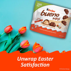 Kinder Bueno mini bars display crispy wafer core with creamy hazelnut filling.