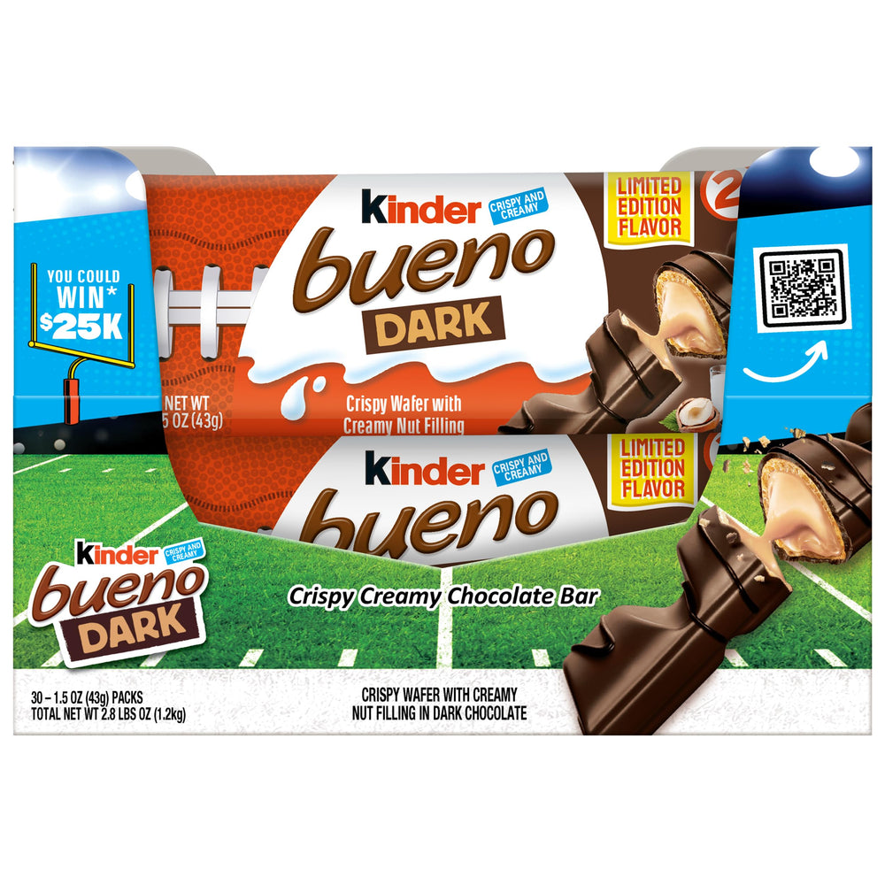 Kinder Bueno dark chocolate bar with wafer and hazelnut cream, ideal for sharing