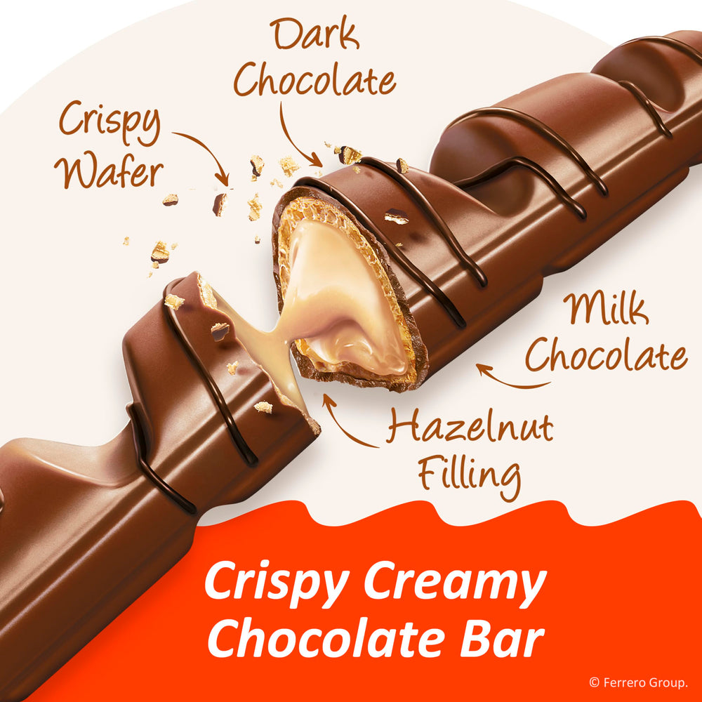 Kinder Bueno close-up shows creamy hazelnut filling and crispy wafer.