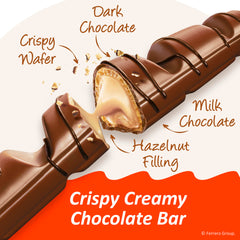 Kinder Bueno close-up shows creamy hazelnut filling and crispy wafer.