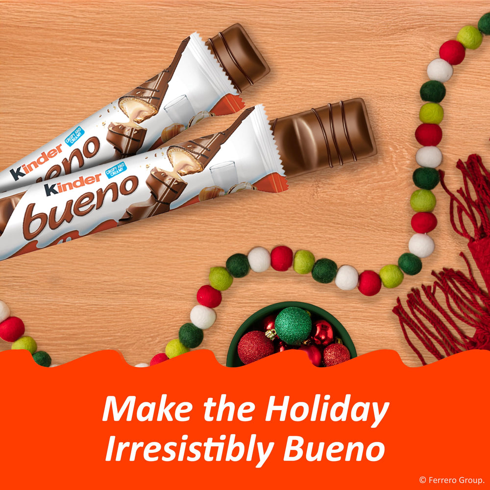 Kinder Bueno gift-ready box ideal for stocking stuffers and gifts.