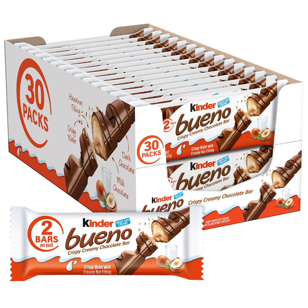 Kinder Bueno milk chocolate bars with hazelnut filling visible, ideal for sharing.