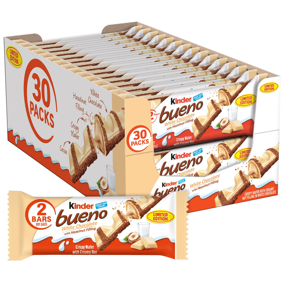Kinder Bueno white chocolate bars bulk display for sharing at gatherings.