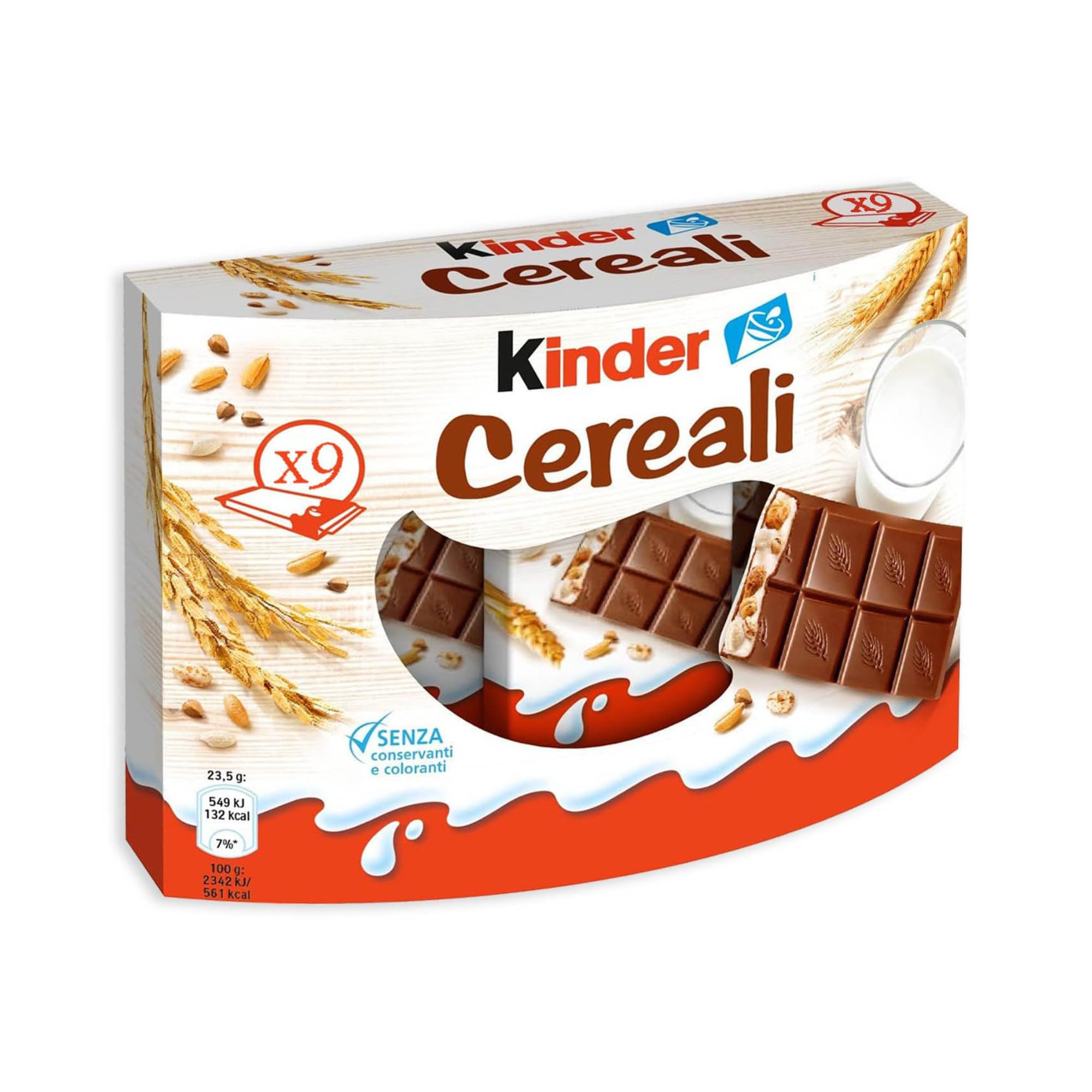 Kinder Cereali 9pcs box front view highlighting crisp rice and creamy filling