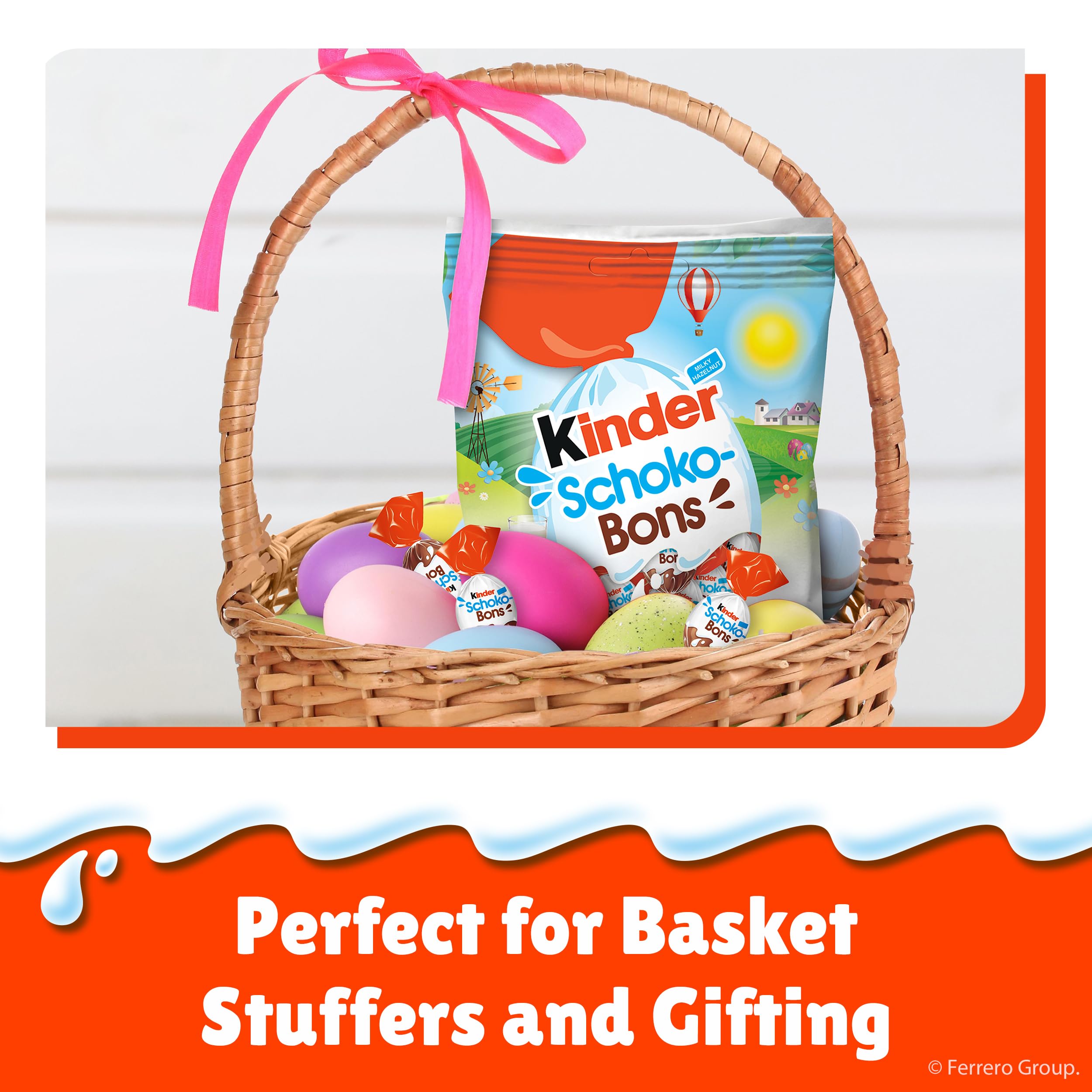 Kinder Schoko-Bons Bites creamy milk chocolate with crunchy hazelnuts, a delightful bite-sized indulgence.