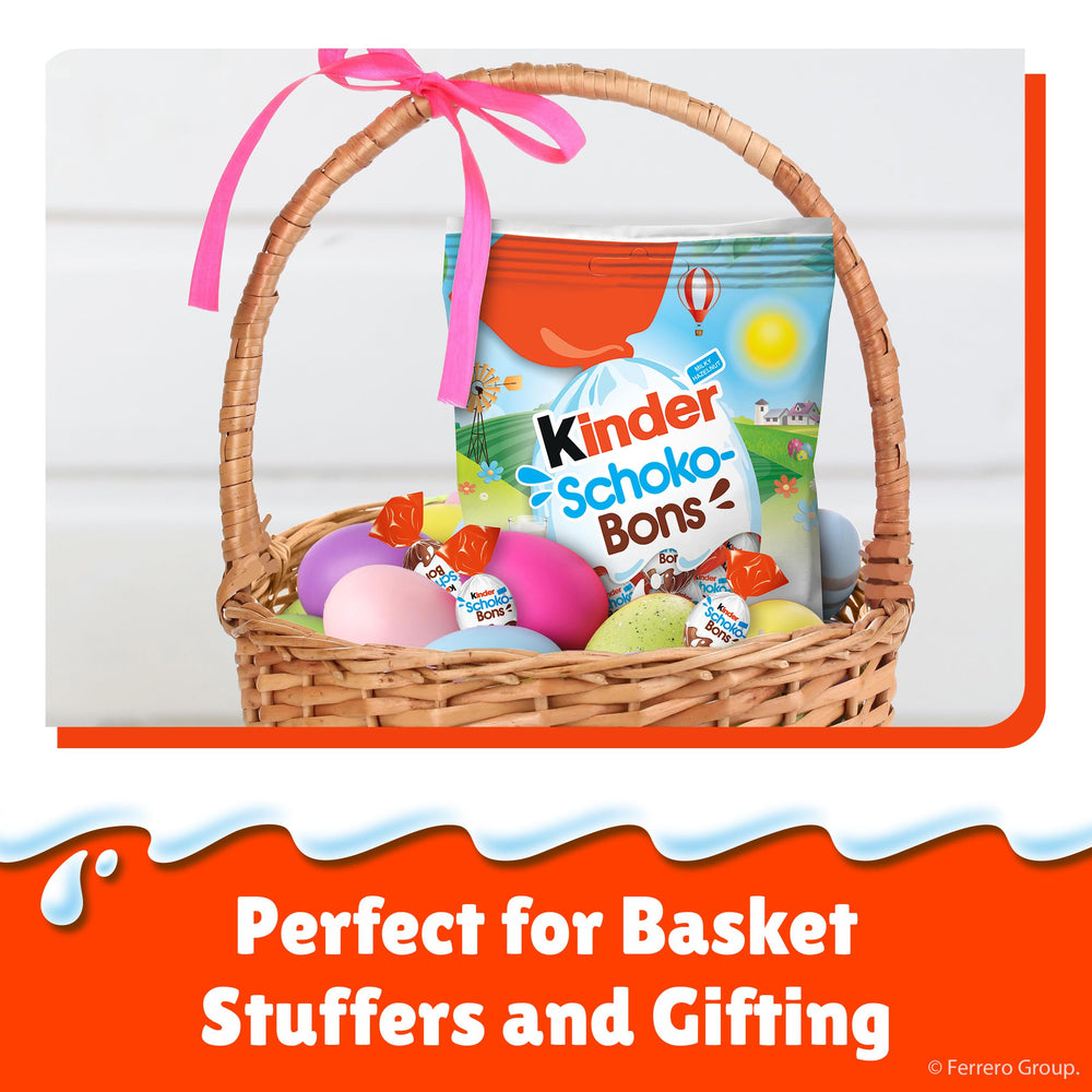 Kinder Schoko-Bons Bites creamy milk chocolate with crunchy hazelnuts, a delightful bite-sized indulgence.