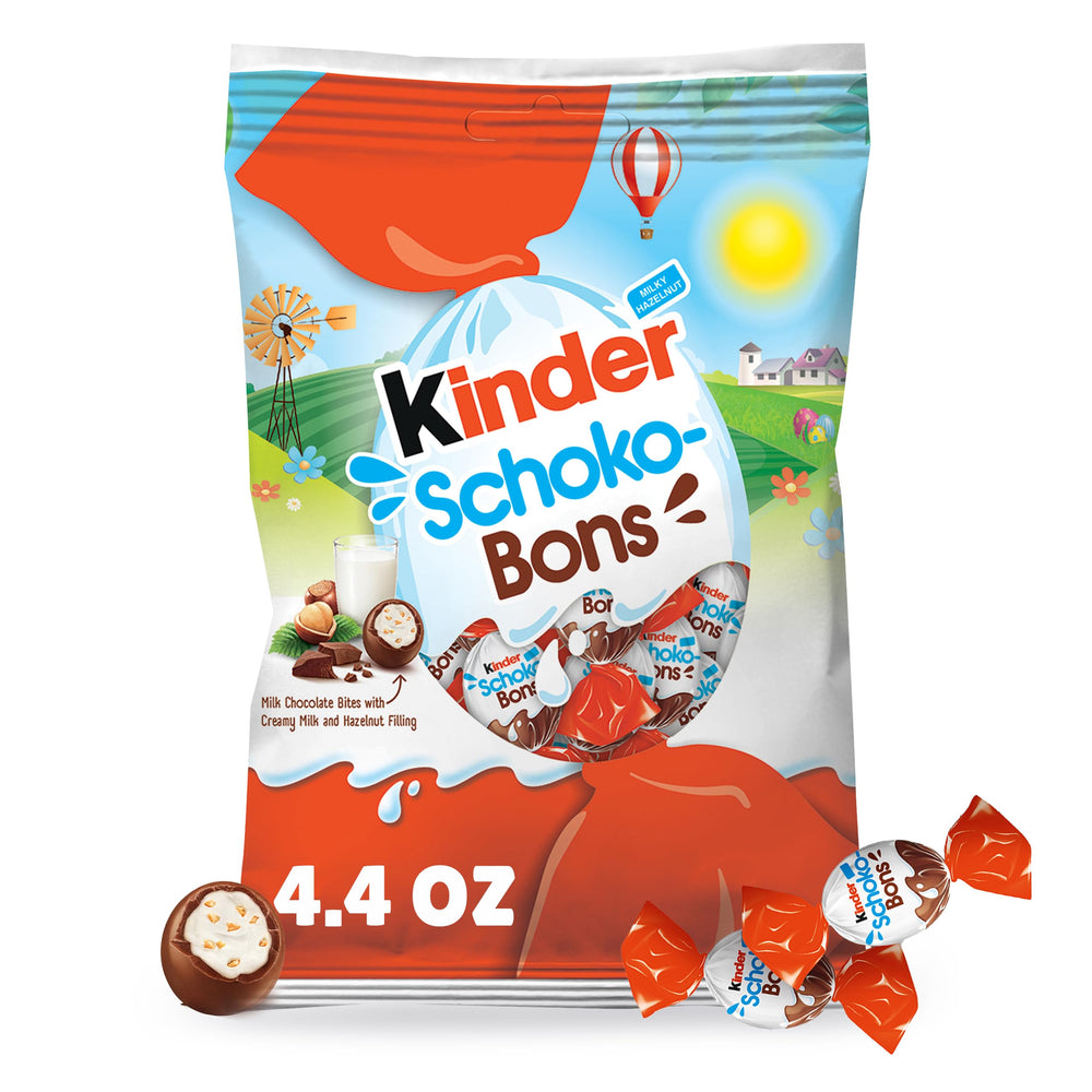 Kinder Schoko-Bons Bites Easter bag 4oz, smooth milk chocolate with hazelnut center for sharing.