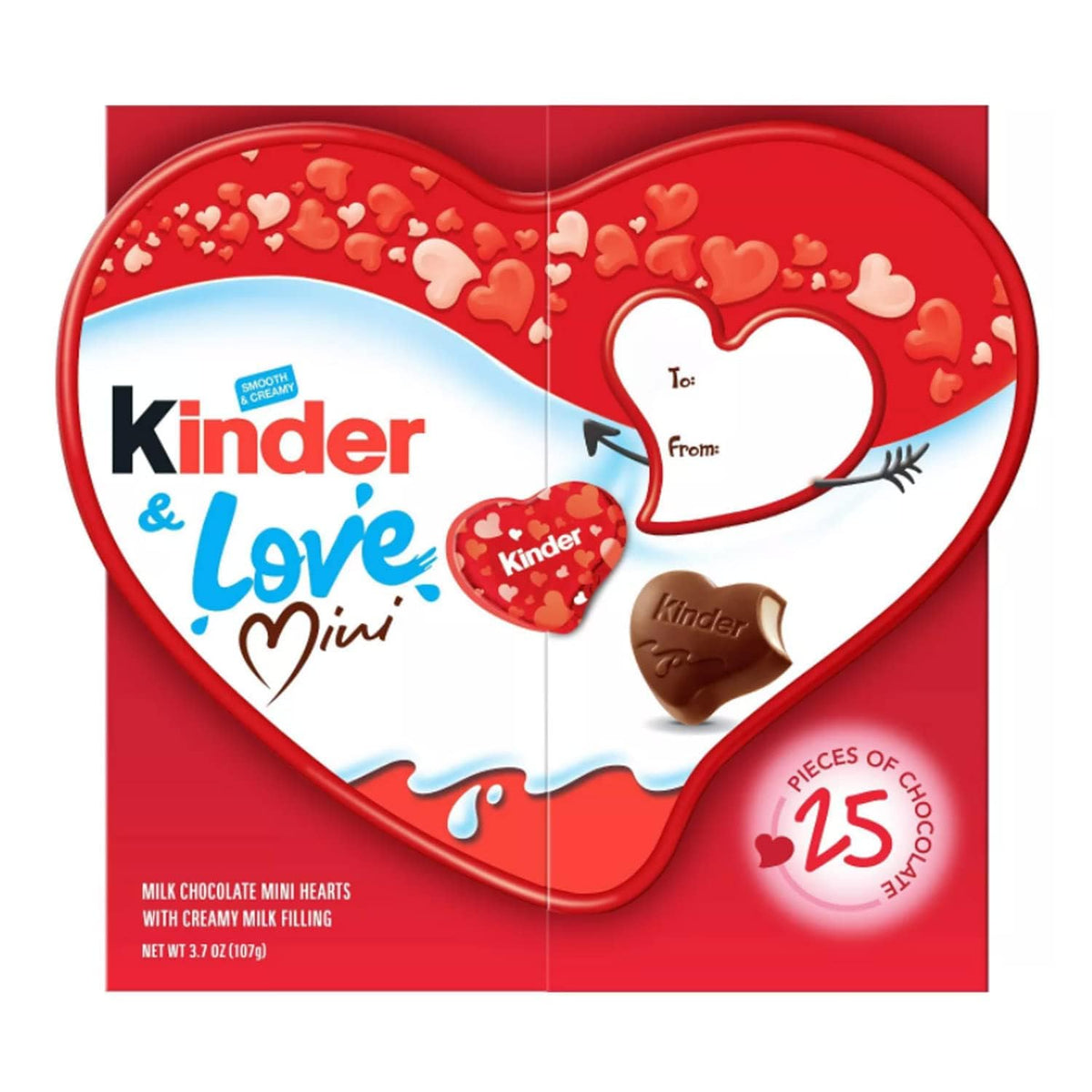 Kinder Chocolate love gift box featuring 25 mini hearts for sharing