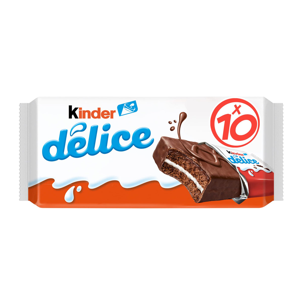 Kinder Delice 10-piece pack: crisp wafers with creamy milk filling, perfect for a quick snack.