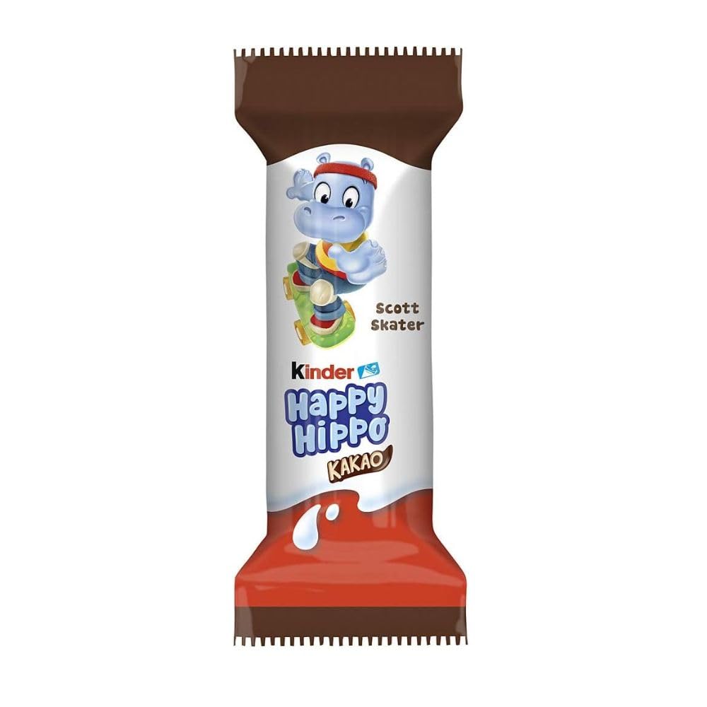 Kinder Happy Hippo Biscuits: coated wafer with milk chocolate and meringue pieces for a tasty treat.