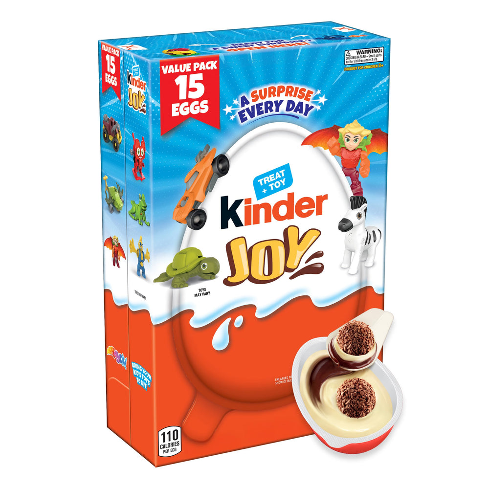 Kinder Joy eggs 15-count pack with treat and toy surprise on display
