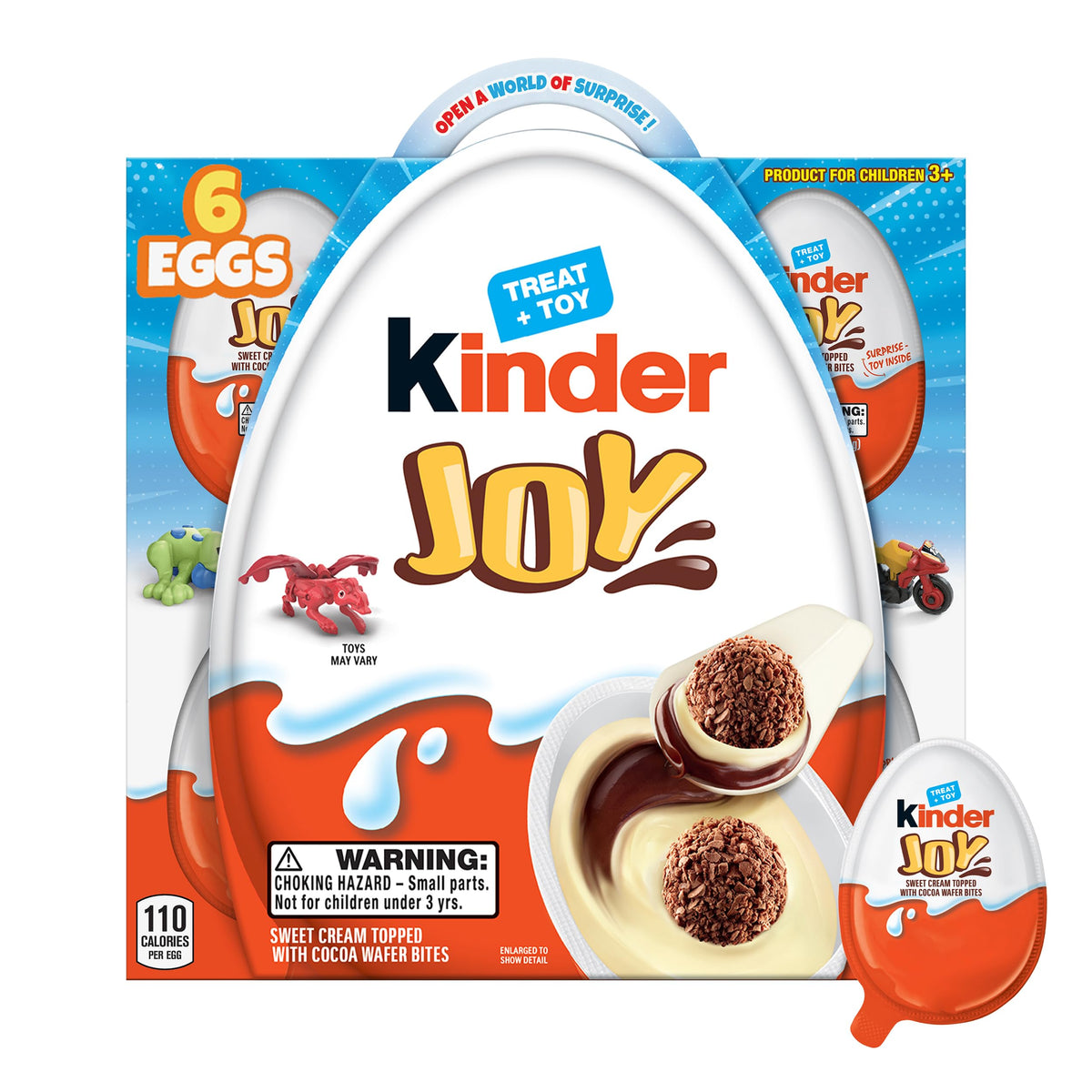 Kinder Joy eggs pack shot showing six wrapped eggs for gifting and sharing.