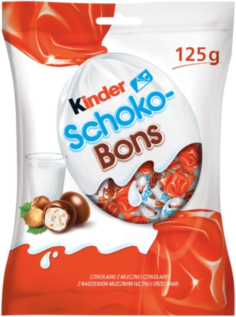 Front view of Kinder Schoko-Bons bag showing milk chocolate bites with hazelnut filling – ideal snack.