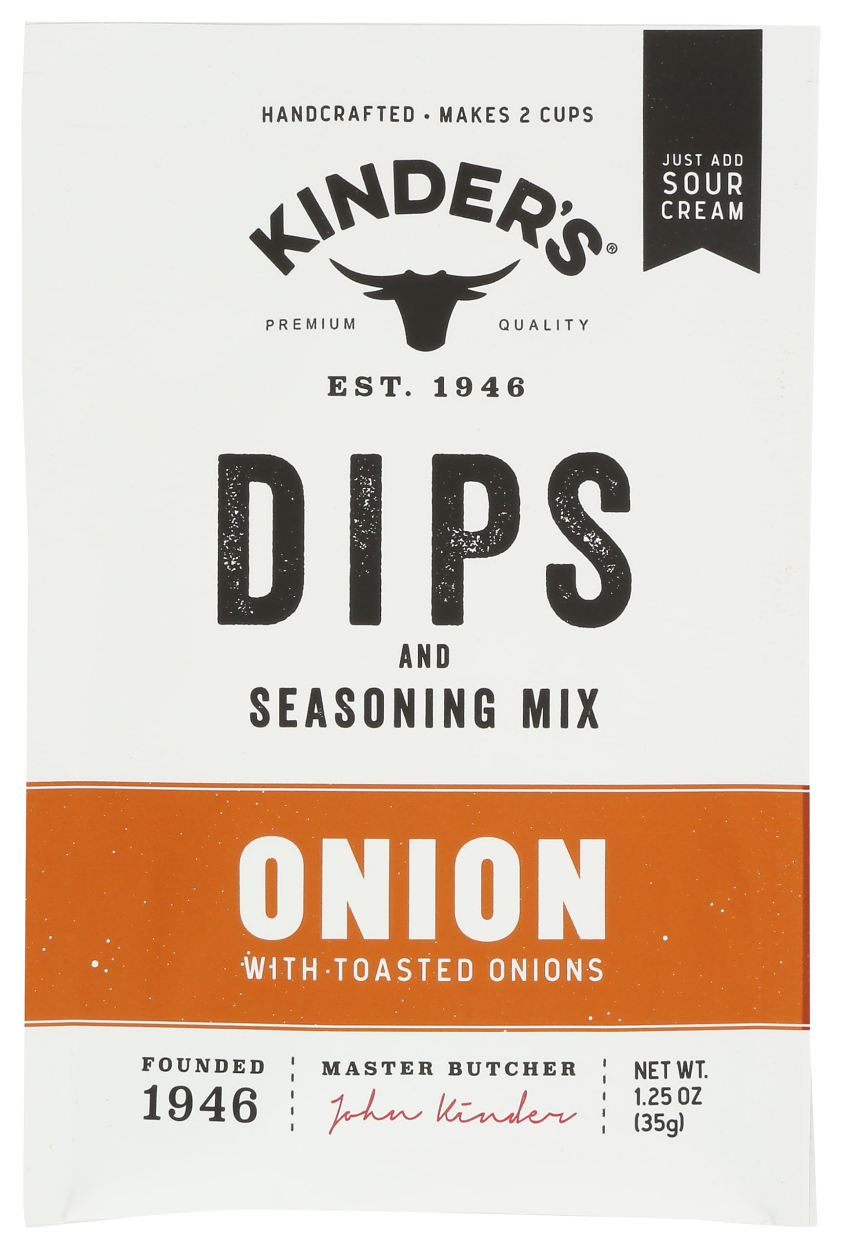 Kinders Bbq Sauce front label highlighting toasted onion seasoning for bold grilled flavors.
