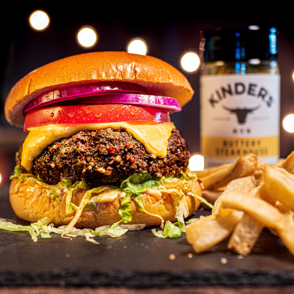 Kinder's Buttery Steakhouse Rub on grilled beef dish ready to plate