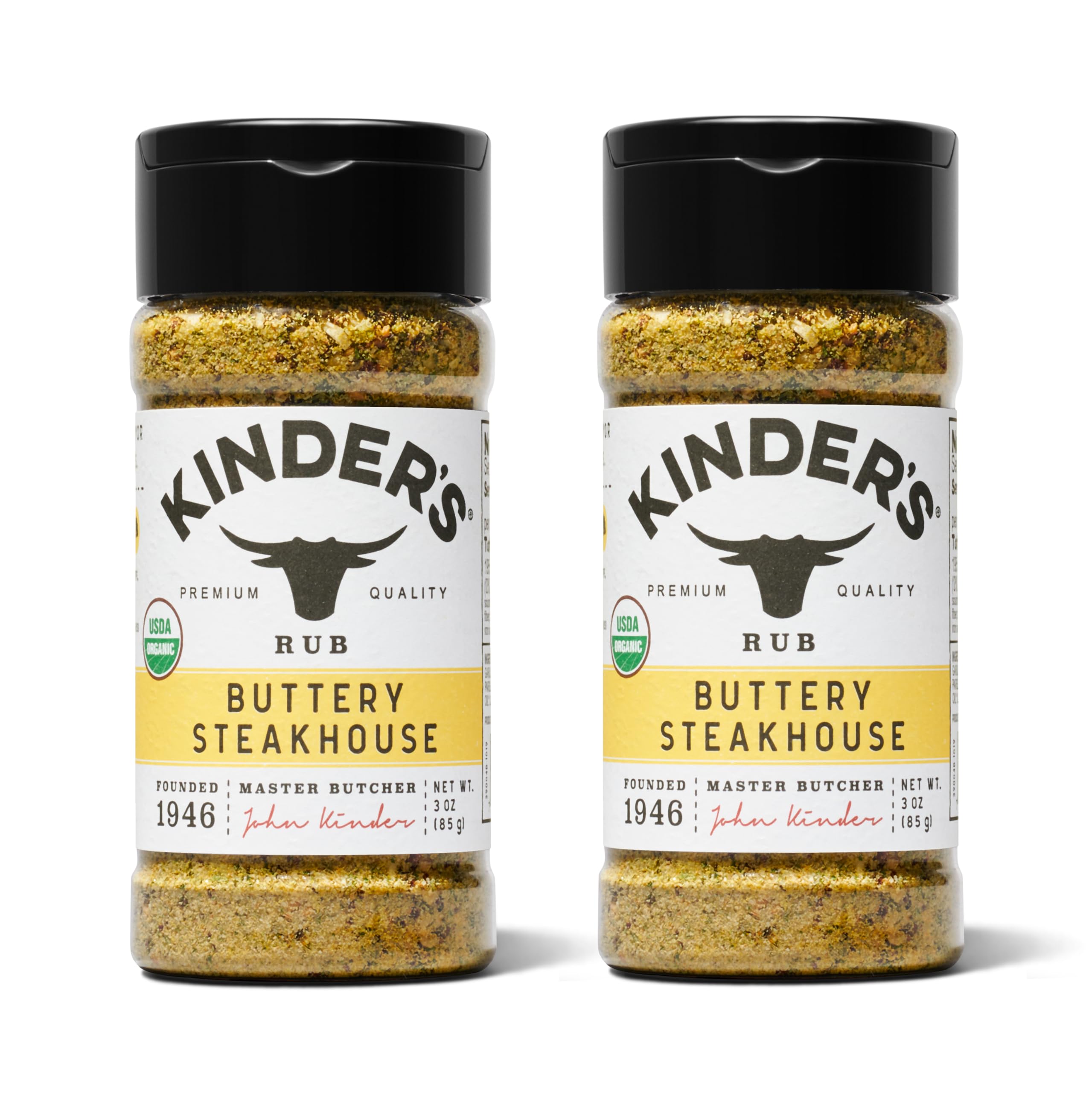 Kinder's Buttery Steakhouse Rub bottle on counter; perfect for grilling beef with a buttered finish