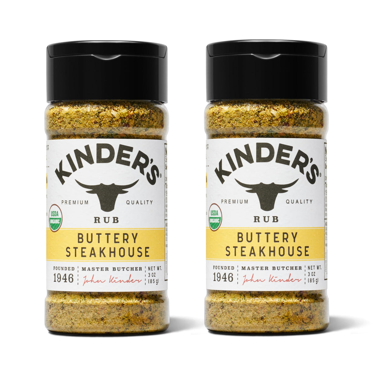 Kinder's Buttery Steakhouse Rub bottle on counter; perfect for grilling beef with a buttered finish