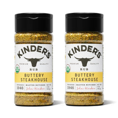 Kinder's Buttery Steakhouse Rub bottle on counter; perfect for grilling beef with a buttered finish