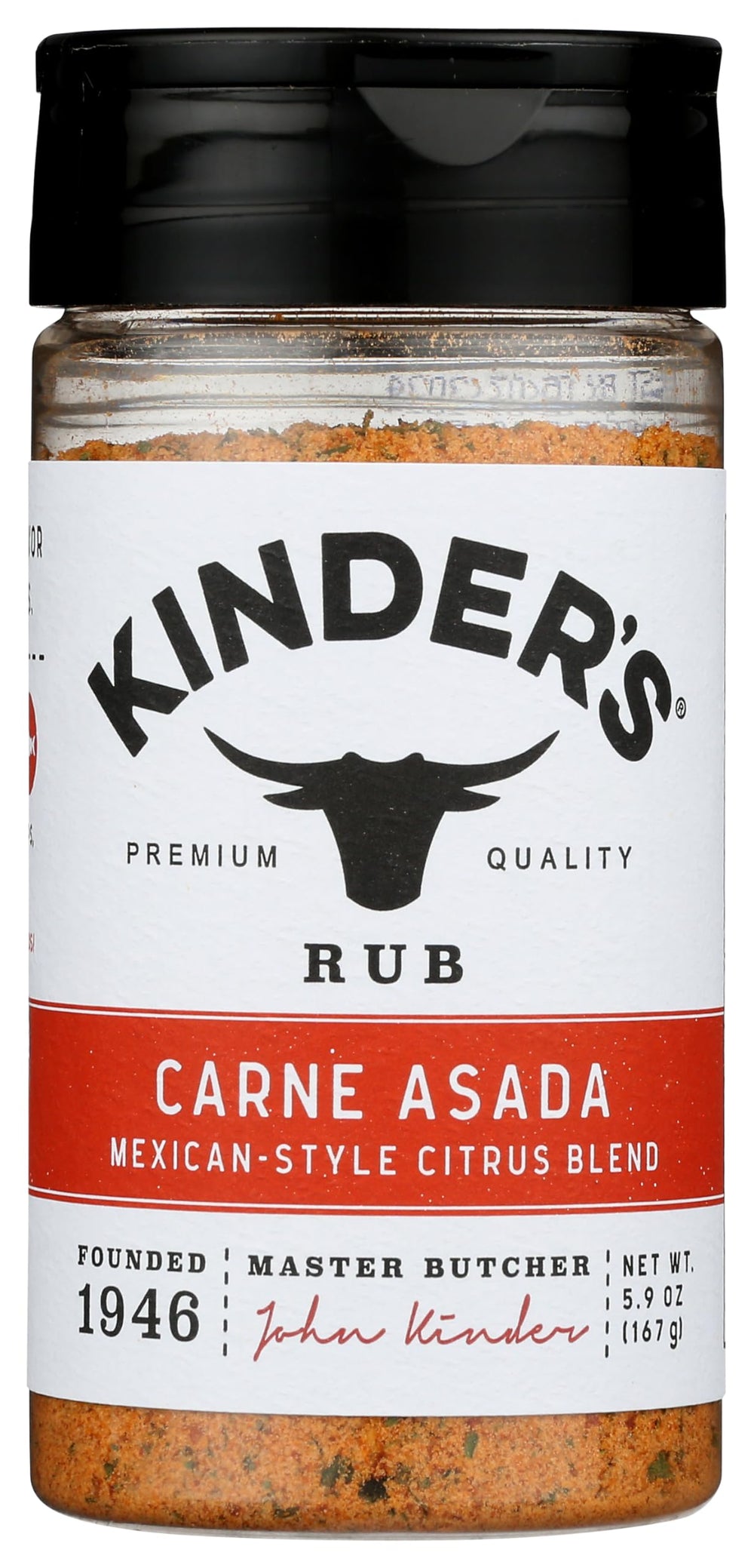 Kinder's Carne Asada Rub bottle showcases bold, versatile seasoning for grilled beef.