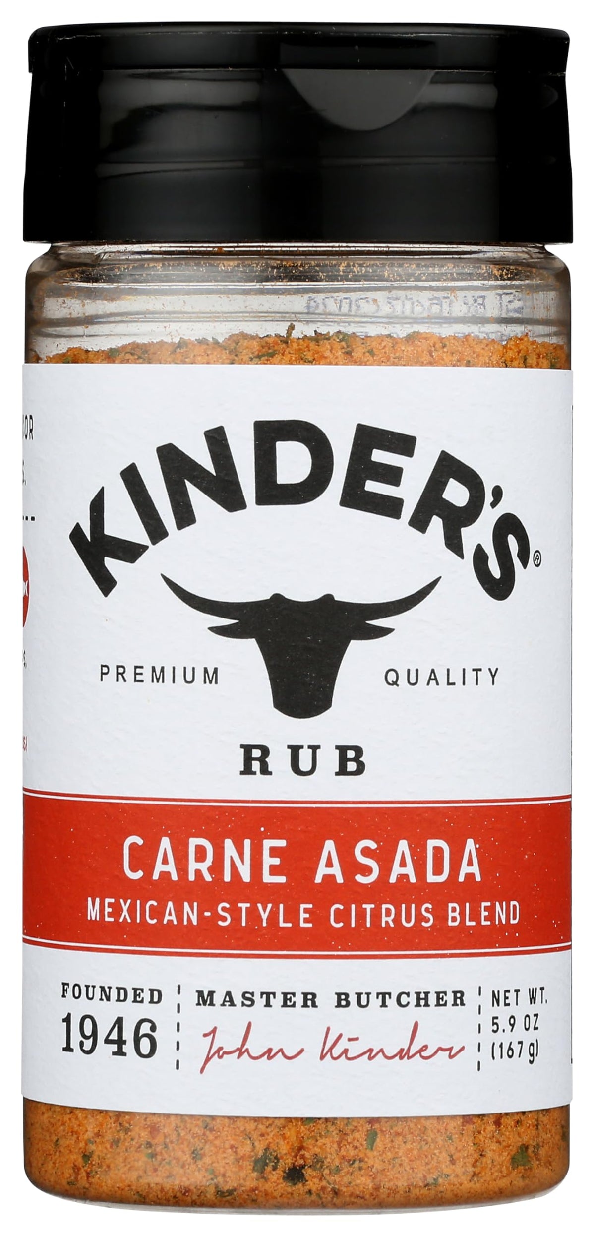 Kinder's Carne Asada Rub bottle showcases bold, versatile seasoning for grilled beef.