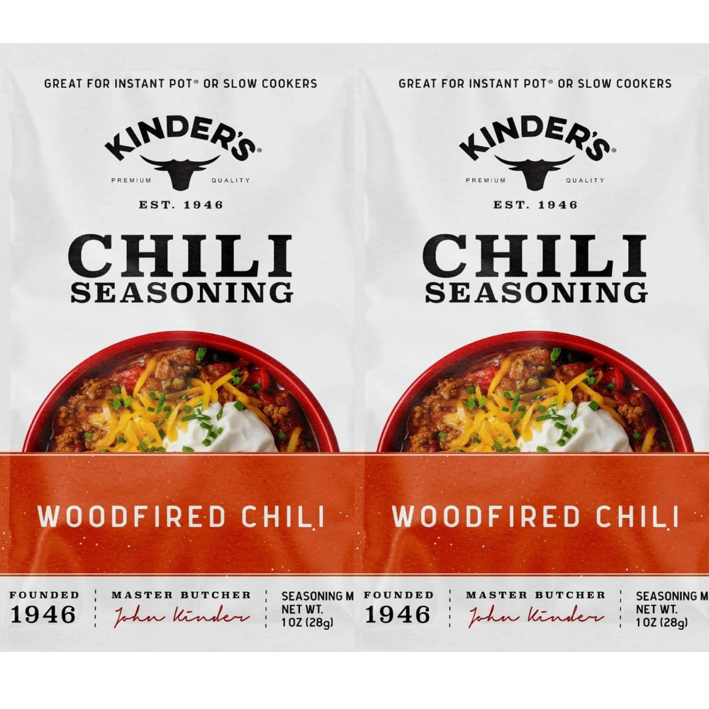 Kinder's Woodfired Chili seasoning packets ready for quick meals.