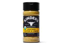 Kinders Cracked Pepper & Lemon bottle highlights citrus zest for versatile meals.