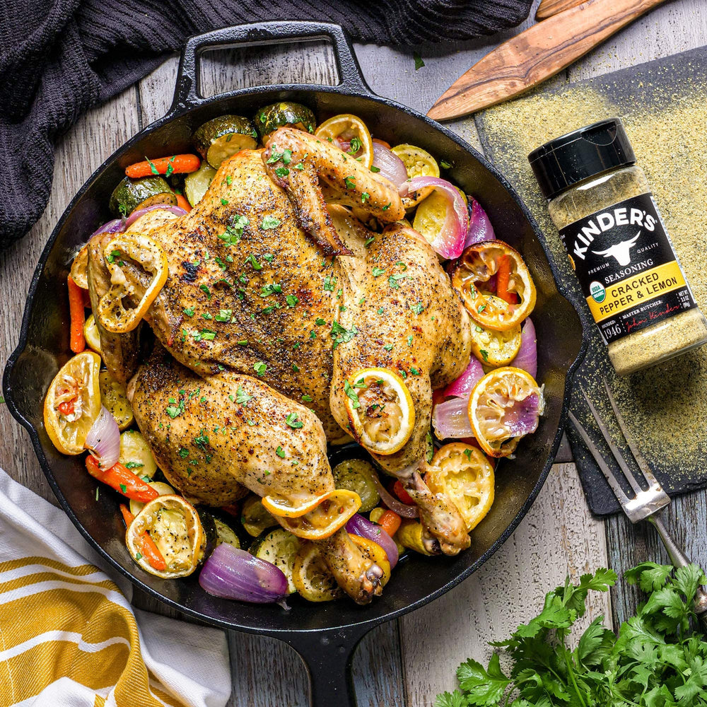 Seafood skillet with lemon-pepper aroma from Kinder's blend.