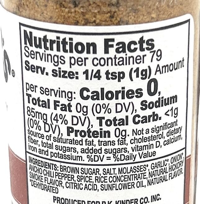 Kinder's Hickory Brown Sugar seasoning bottle closeup highlights smoky-sweet aroma.