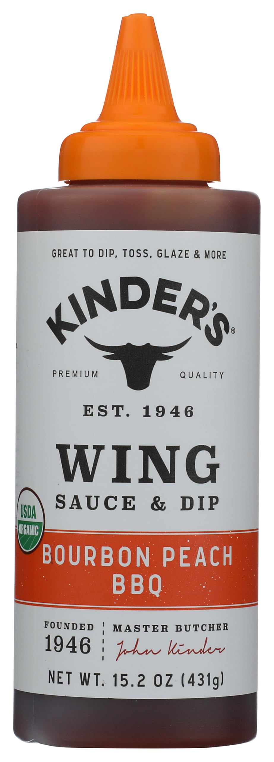 Kinders Organic Bourbon Peach BBQ Wing Sauce bottle with glossy glaze for wings