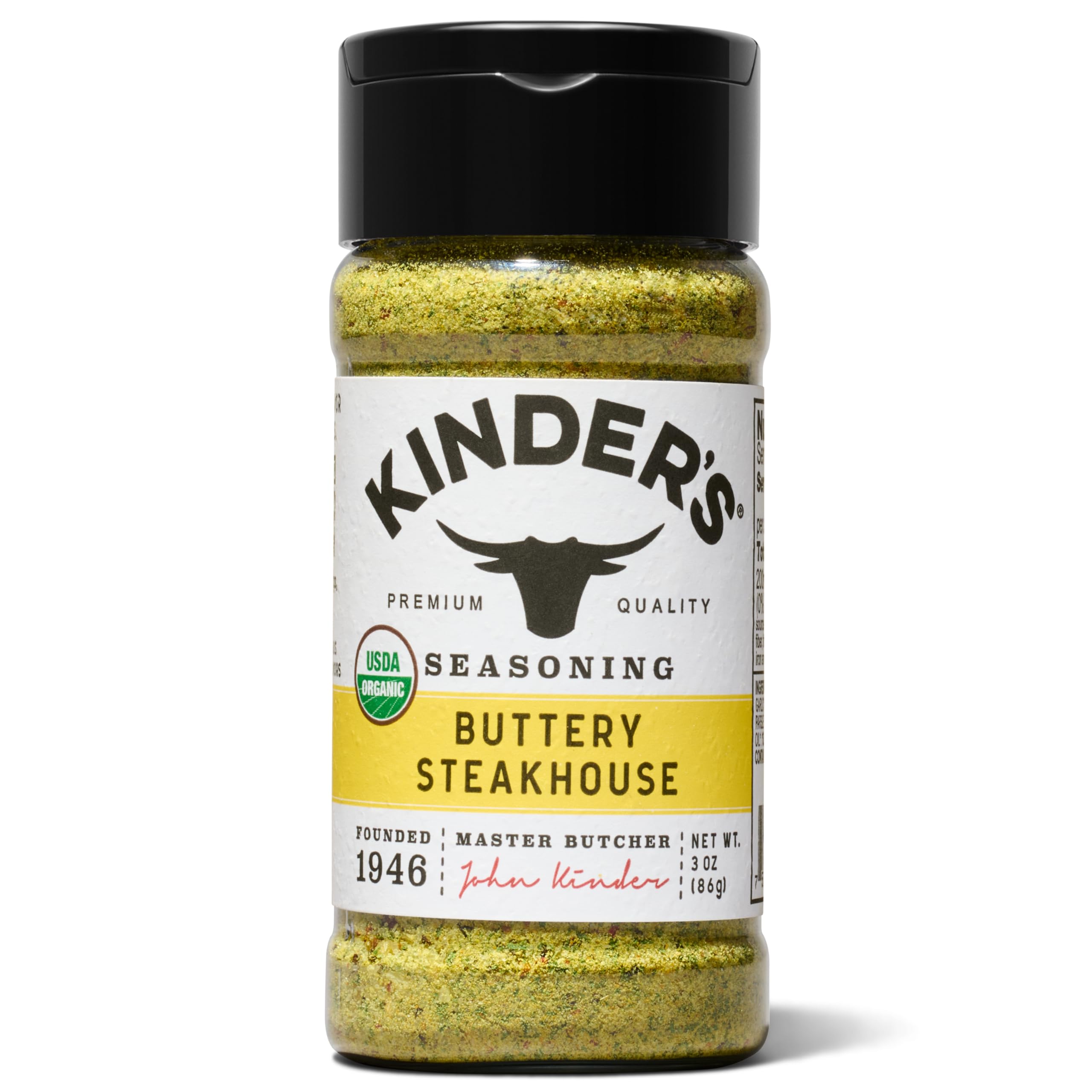KINDER'S Organic Buttery Steakhouse Rub bottle front for rich grilling flavor.