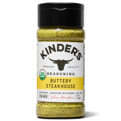 KINDER'S Organic Buttery Steakhouse Rub bottle front for rich grilling flavor.